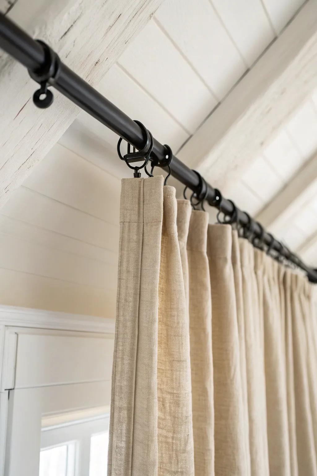 Hide awkward attic eaves with a ceiling-track linen curtain for a tidy, boutique-hotel look.