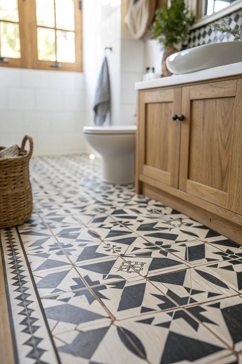 Let tiny high-contrast patterned tiles steal the show—big style for the smallest half bath.