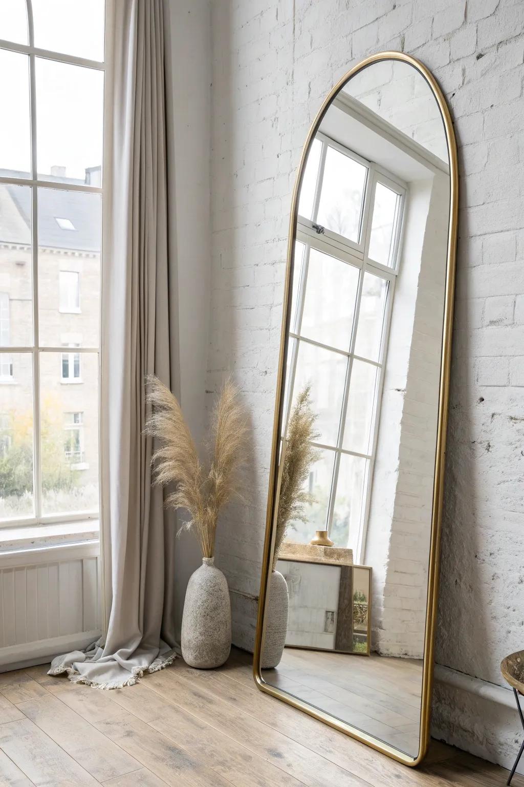 A tall leaning mirror by the window bounces daylight—instantly making a tiny studio feel bigger.