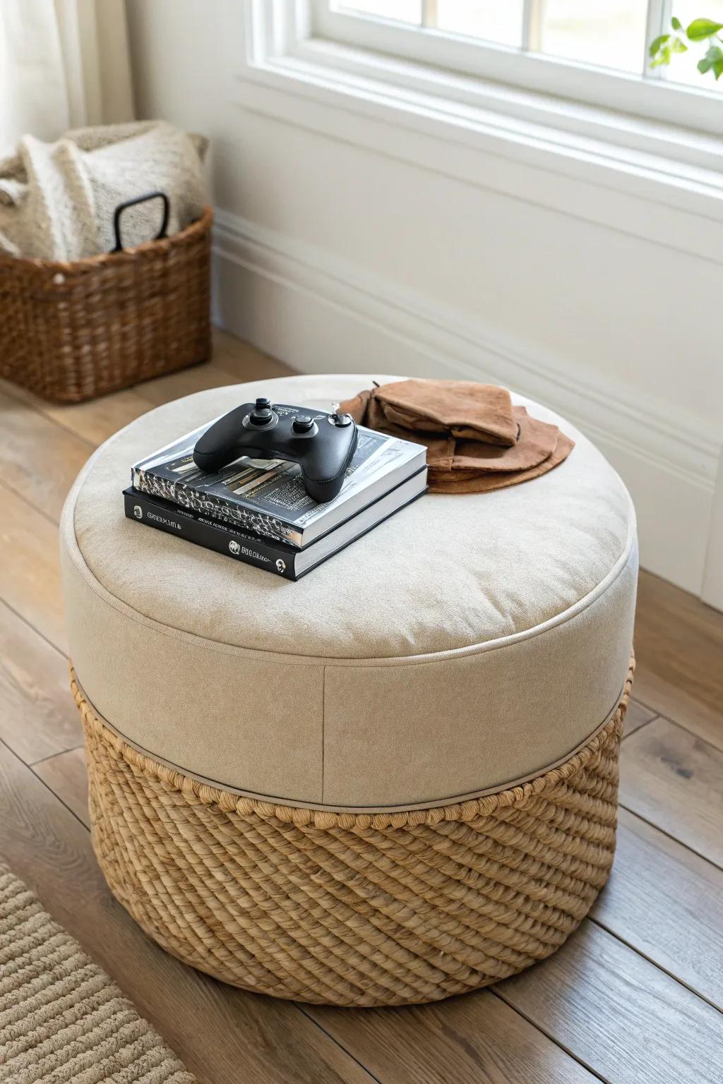 A chic storage ottoman hides controllers in seconds—extra seating, instant calm for small spaces.