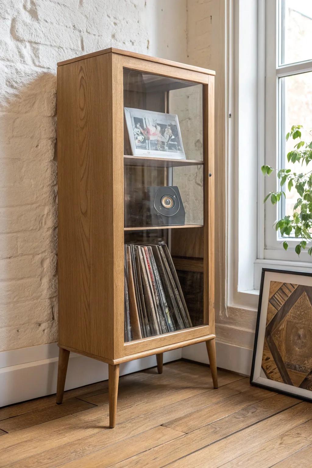 A dust-free, museum-but-cozy vinyl moment—behind glass in a minimal oak cabinet.
