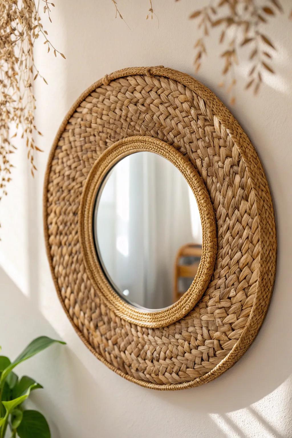 A flat woven basket frames a round mirror—adds texture and light without visual clutter.