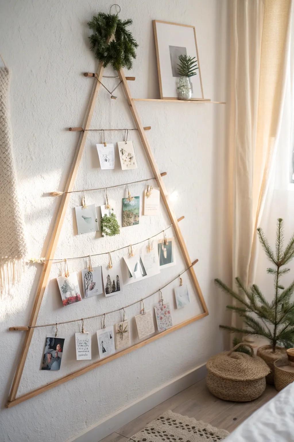 A wall Christmas tree made of clipped holiday cards—minimal, personal, and perfect for small spaces.