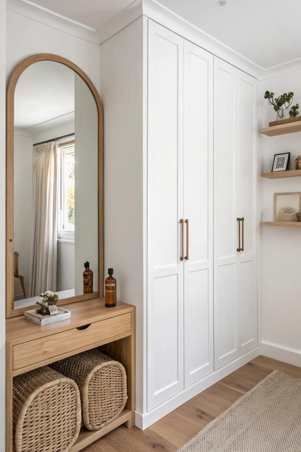 A tiny built-in vanity niche inside a wall closet—luxury feel, minimal footprint, zero clutter.