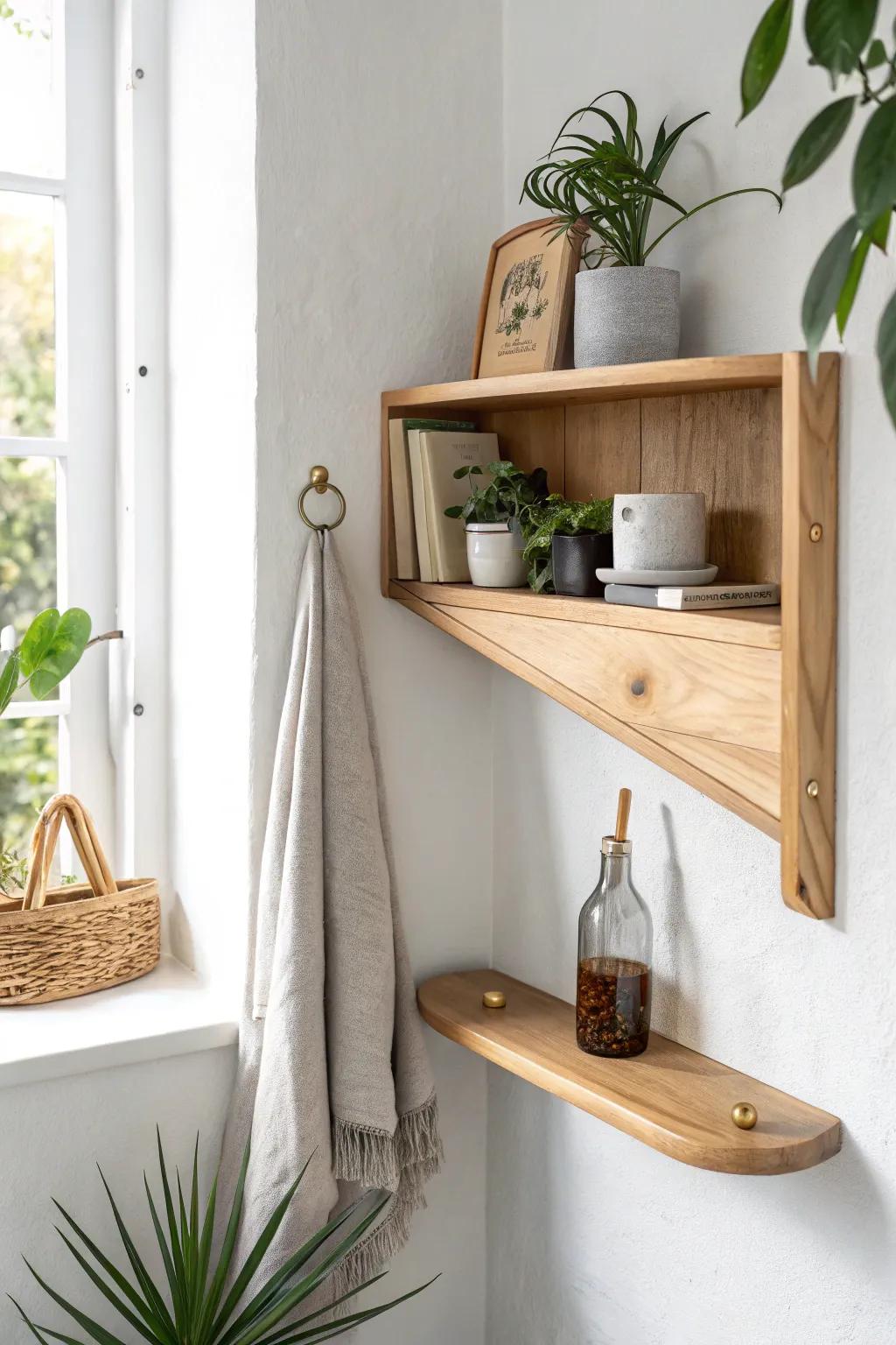 A sleek fold-down corner shelf that disappears when closed, perfect for tiny-space living.