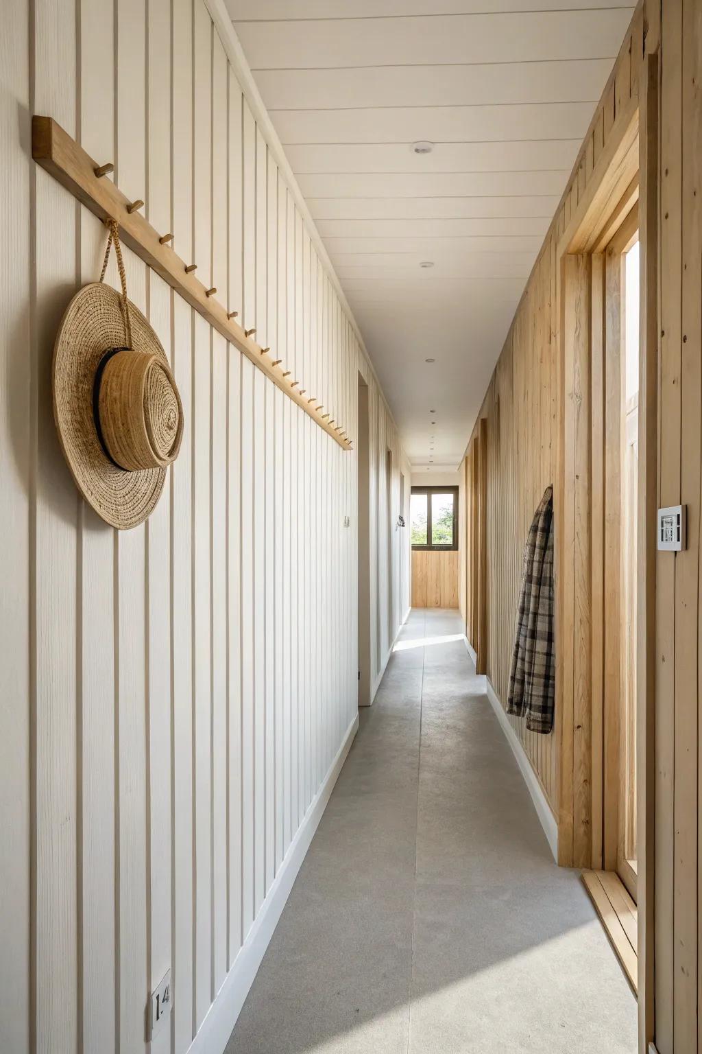 Simple wall paneling turns a narrow hallway into a calm, designed transition space.
