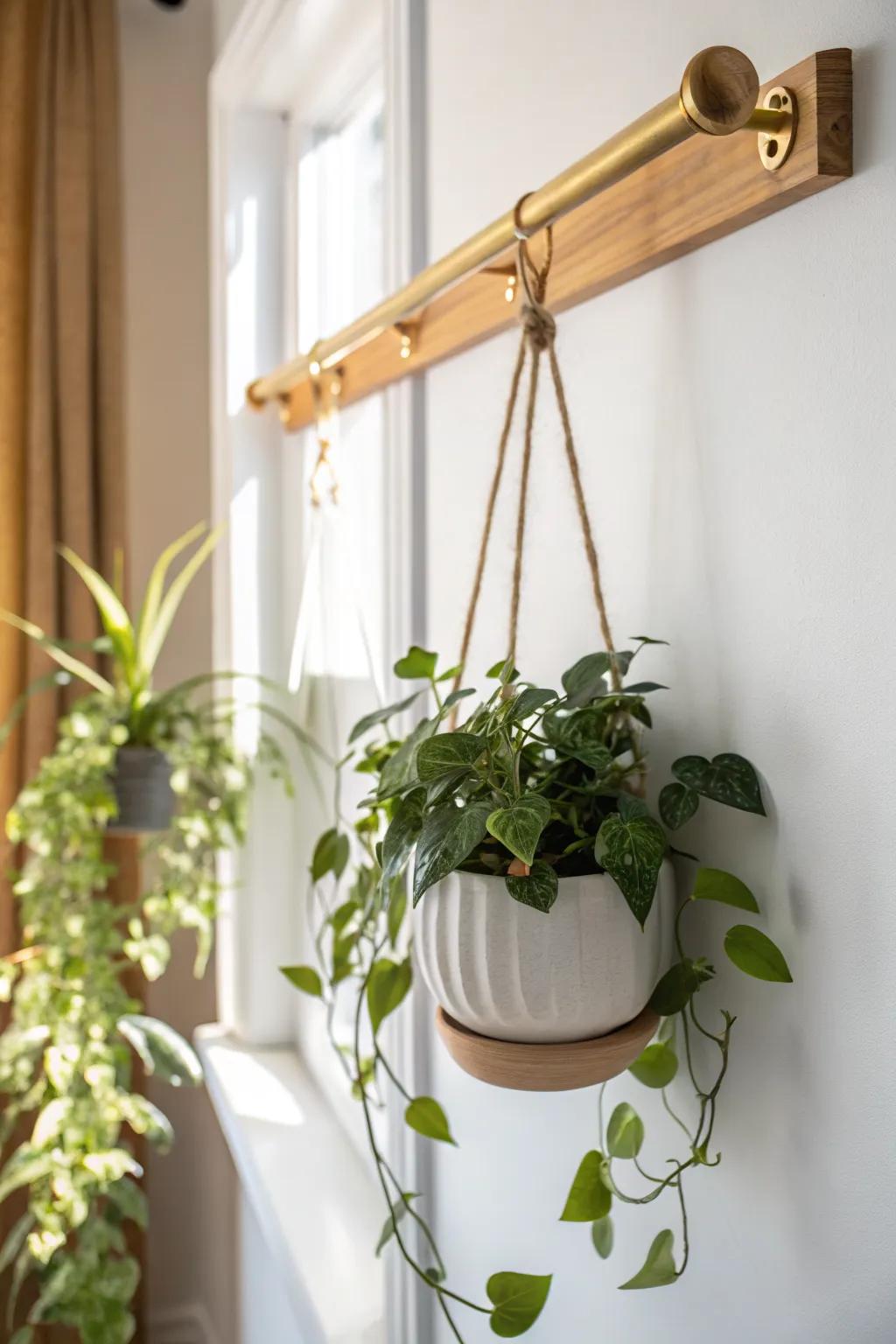 A sliding wall-rail hook lets you reposition greenery anytime—perfect for tiny nooks.