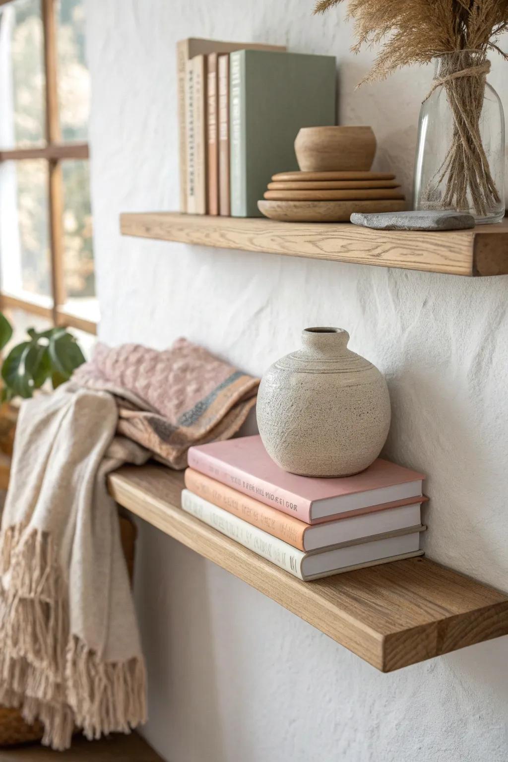 Arrange books by color and add one matching ceramic piece for a clean, calming wow moment.