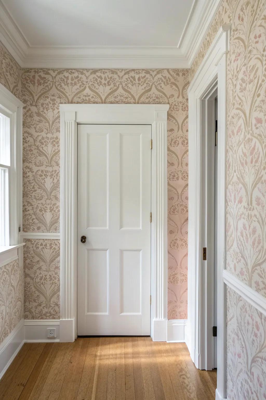 Wrap wallpaper around the casing for a seamless, custom doorway that elevates your hallway.