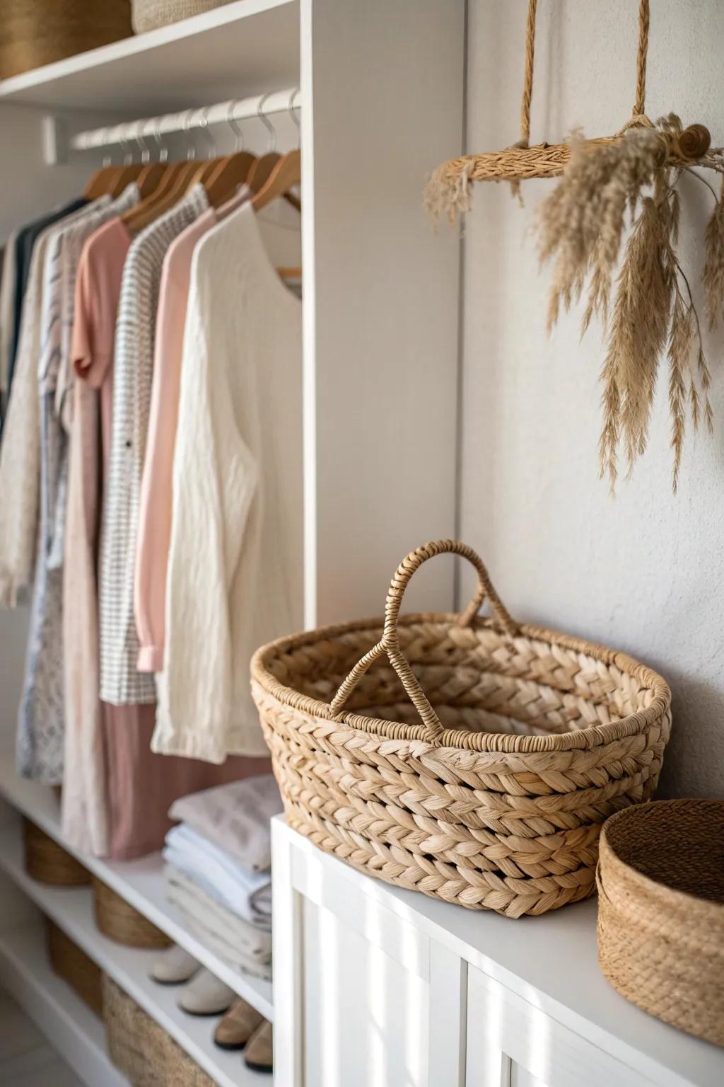 Add an under-shelf hanging basket to create a hidden layer for tanks, tees, and pajamas.