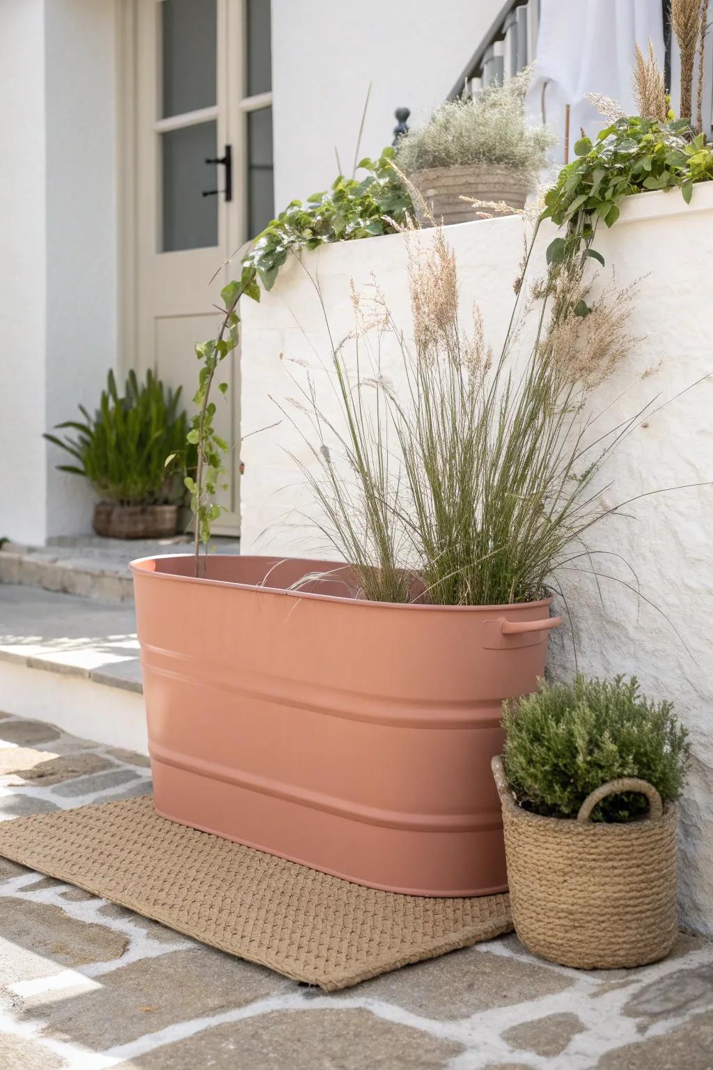 A painted water trough planter adds a chic color pop—budget-friendly and beautifully cohesive.