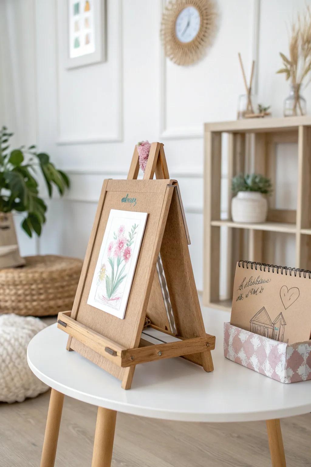 Transform a humble cardboard box into a charming easel, perfect for displaying budding artists' creations with minimalist elegance.