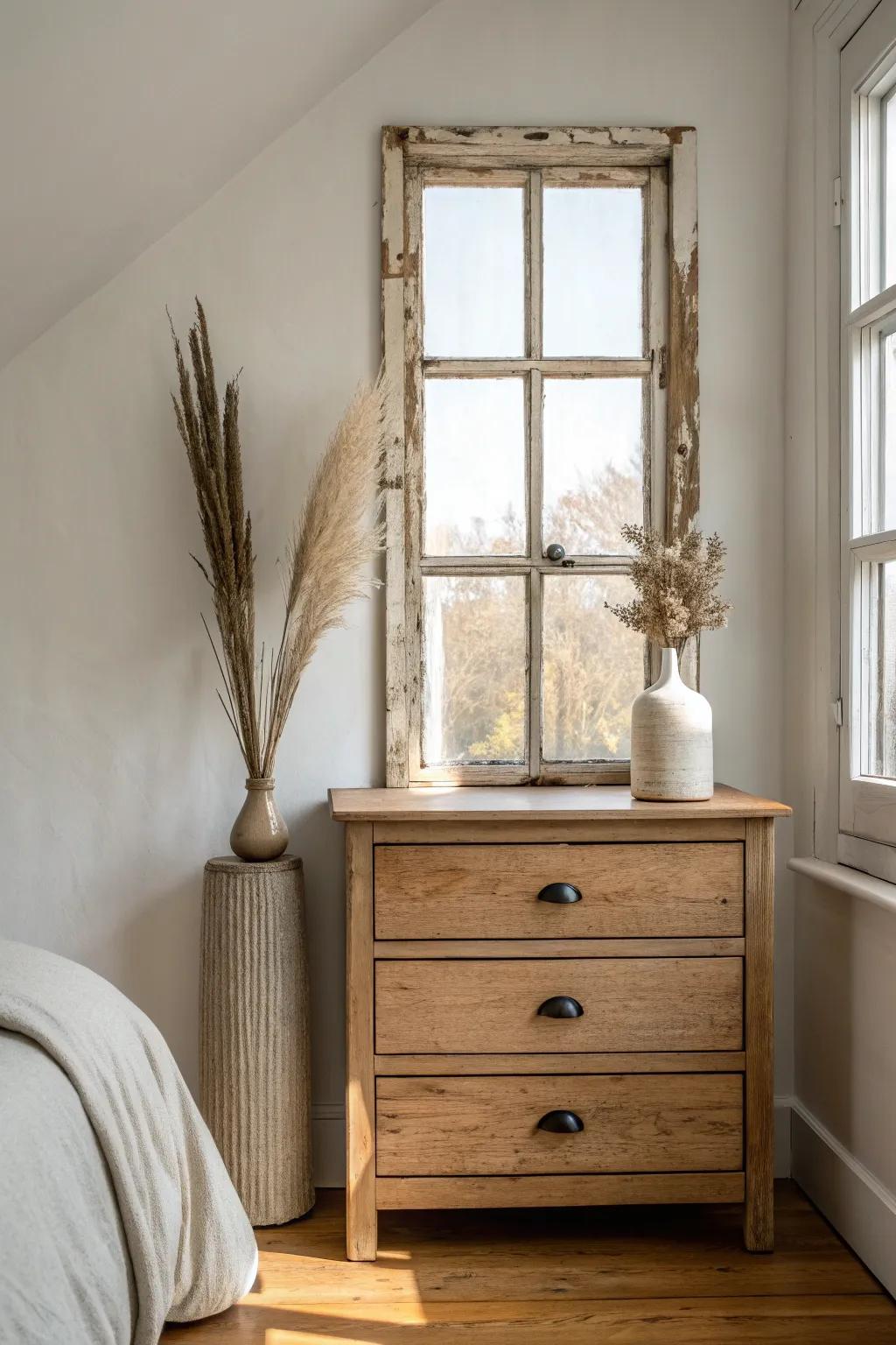 An old window frame above the dresser adds instant charm—keep the styling minimal.