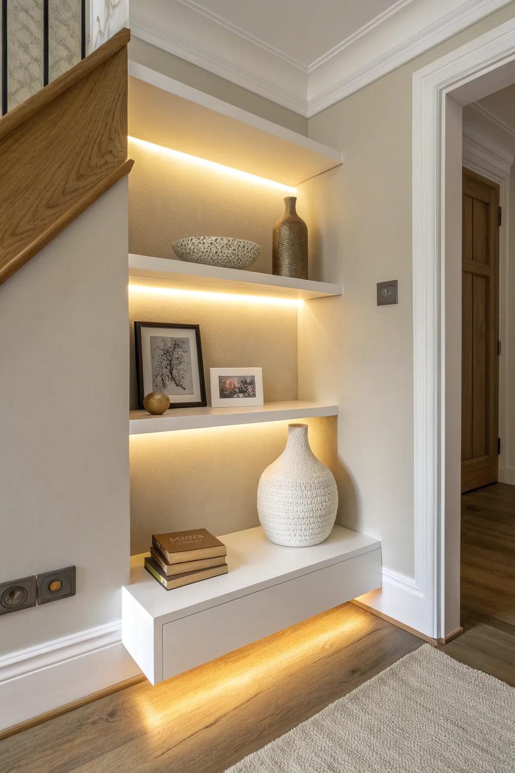 Warm under-shelf lighting makes white shelves glow—cozy nights, clean days.