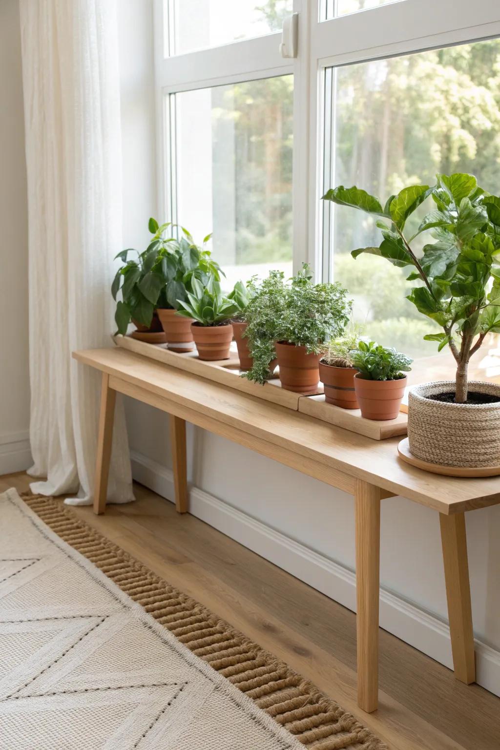 A sunlit window bench with a slim grow shelf—your chic, sit-ready indoor plant corner.