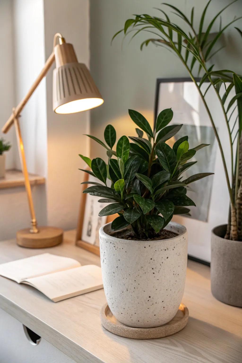 Bring life to a windowless office with a sculptural planter—real or faux greenery works.