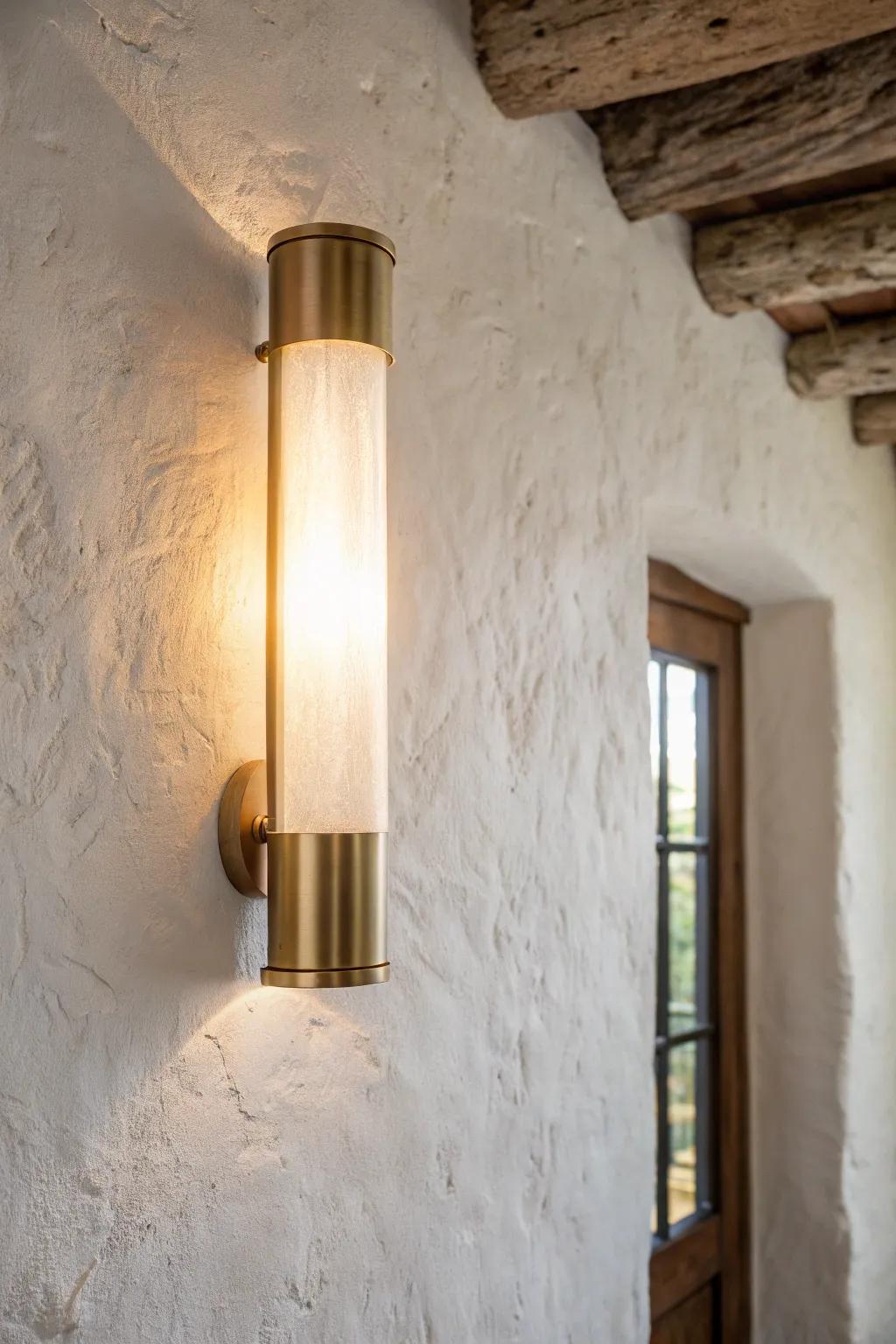 A vertical sconce washes light up and down, making a windowless room feel taller.