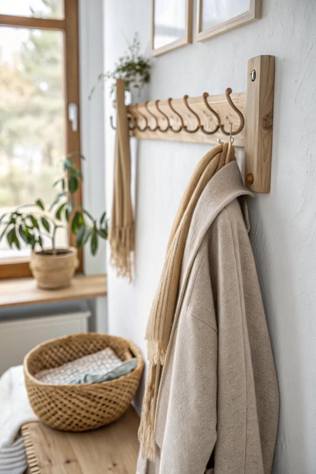 Keep your daily winter coat off the chair—wall hooks add style and save closet space.
