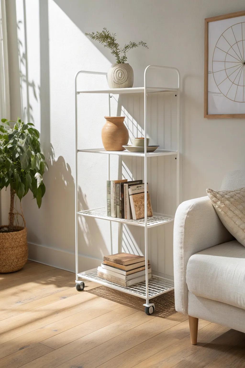 A rolling wire bookshelf on casters—move your mini library from desk to sofa in seconds.