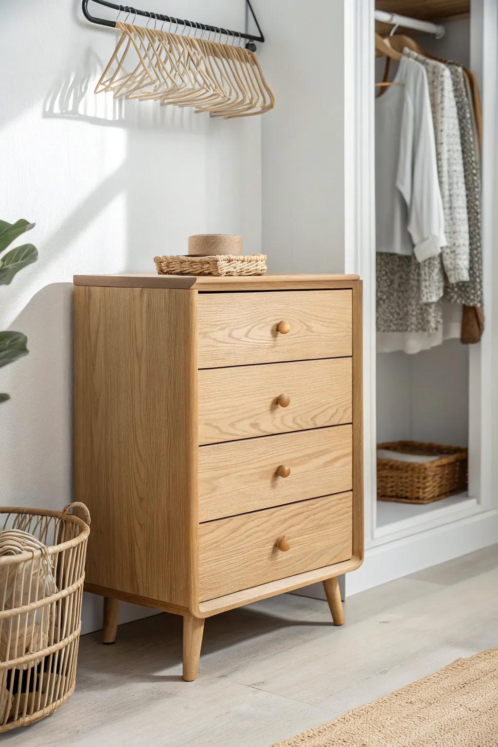 Slide a slim oak dresser under wire shelves for instant built-in drawers in a small closet.