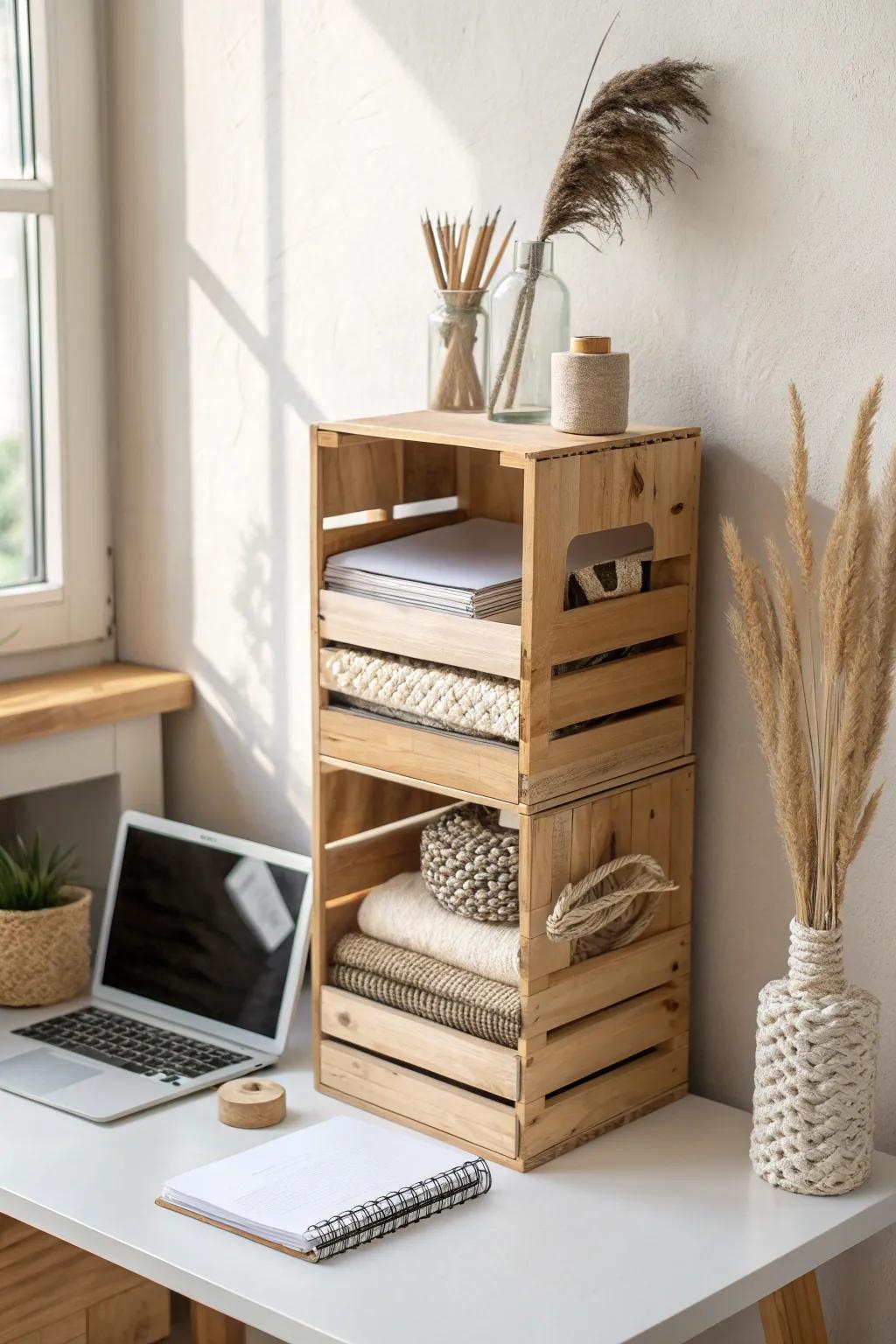 Vertical wood crate desk hutch: beautiful storage for notebooks, files, and chargers in small spaces.