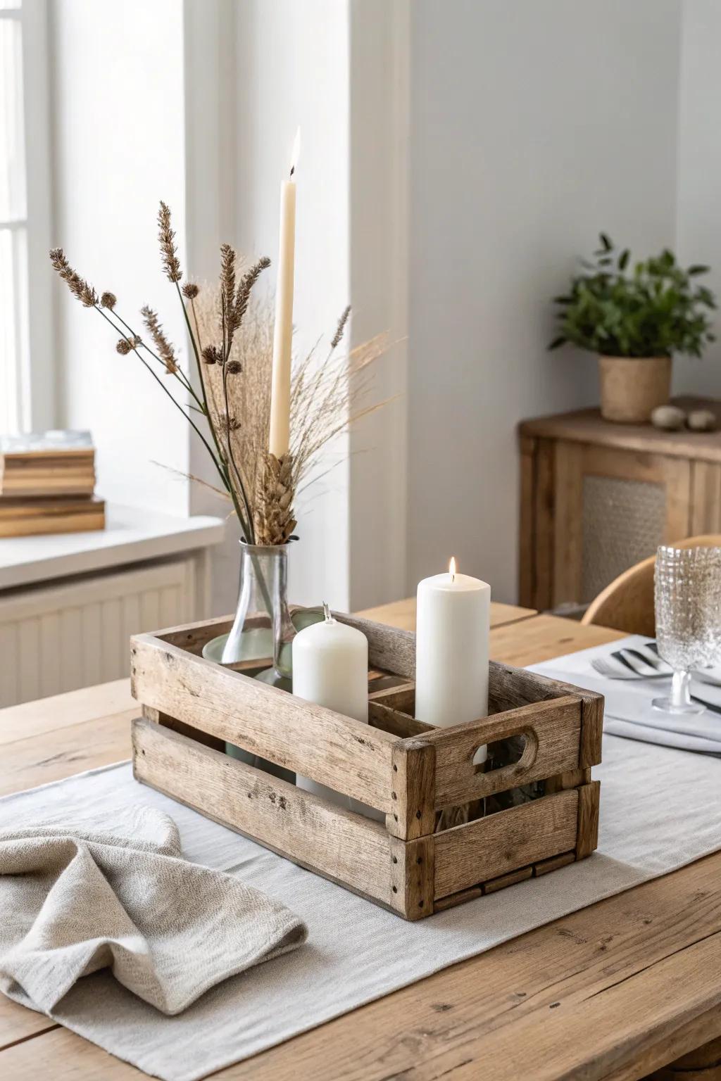 A rustic wooden crate caddy that keeps your table decor tidy, cozy, and effortlessly chic.
