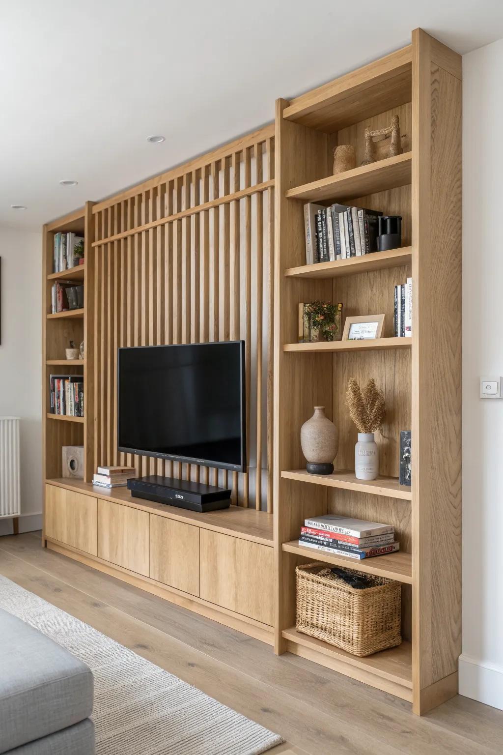 Double-sided oak TV partition with bookshelf back—zones a tiny living room beautifully.