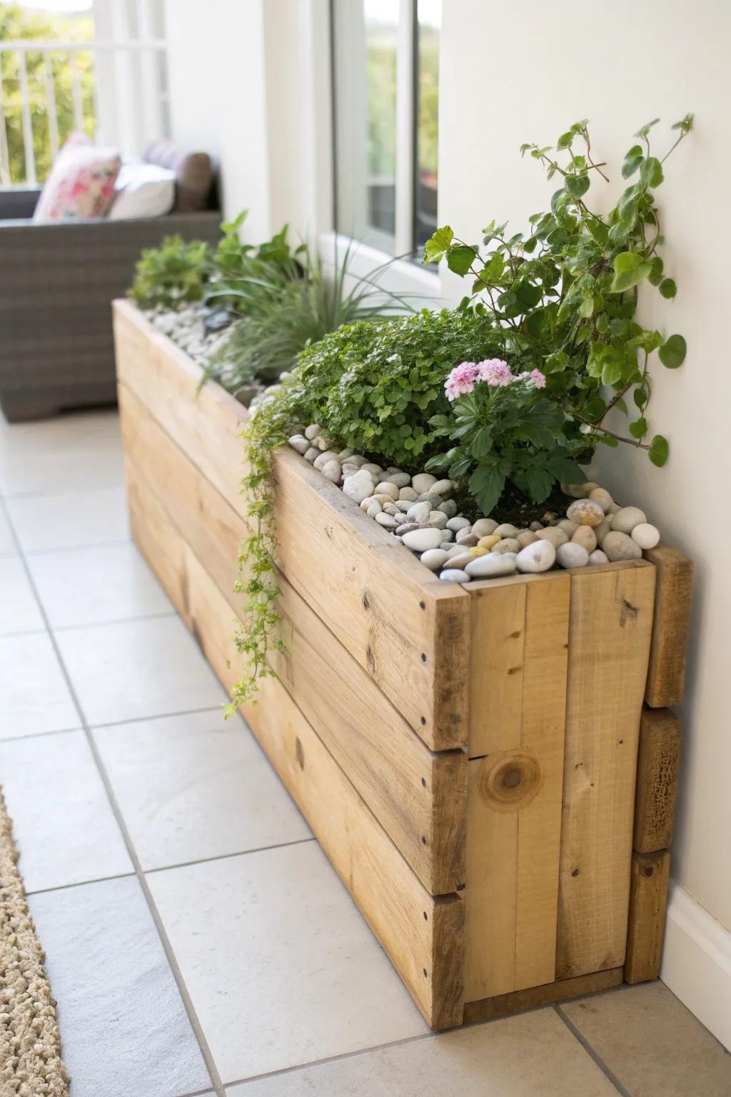 Slim pallet-wood planter border: a renter-friendly way to add greenery with minimal space.
