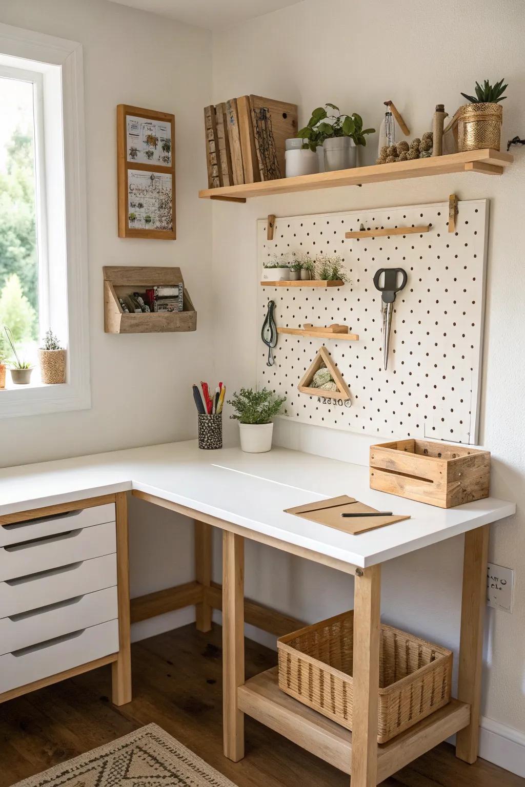 An L-shaped corner workbench keeps tools on the wall and projects on the return—no pileups.