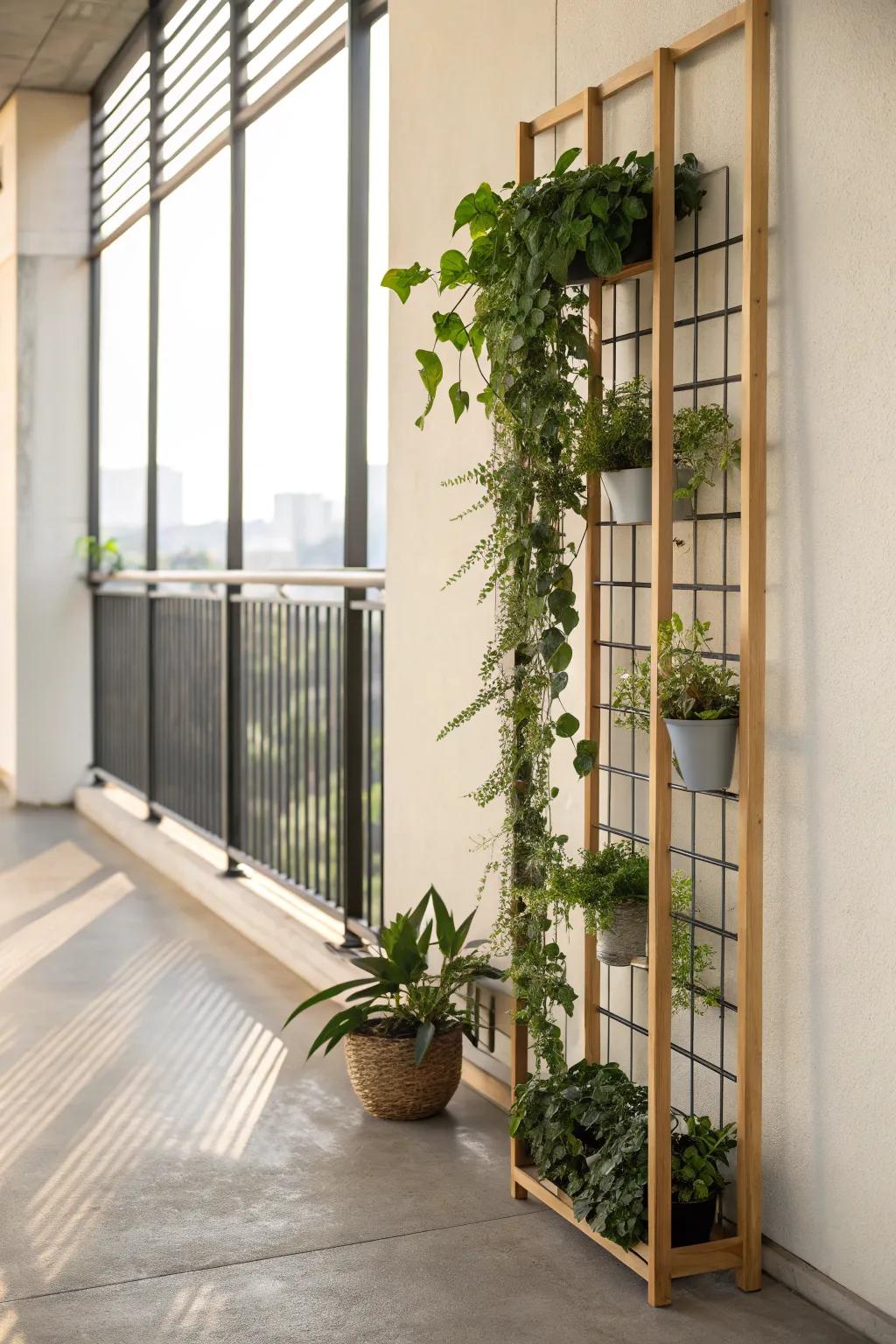 A grid-style vertical garden on the short end adds lush greenery without stealing balcony space.