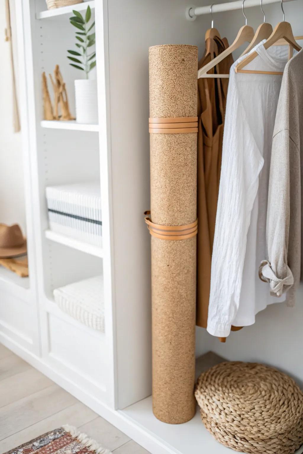 Renter-friendly tension rod corral: keep your yoga mat upright and tidy in any closet.