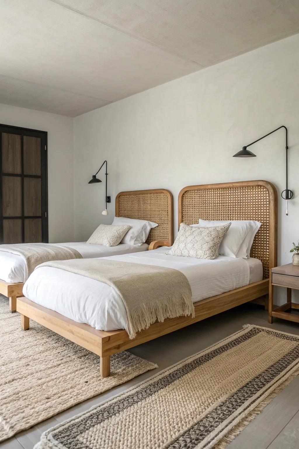 Stagger full beds head-to-toe for an easy walkway and a calm, intentionally styled look.