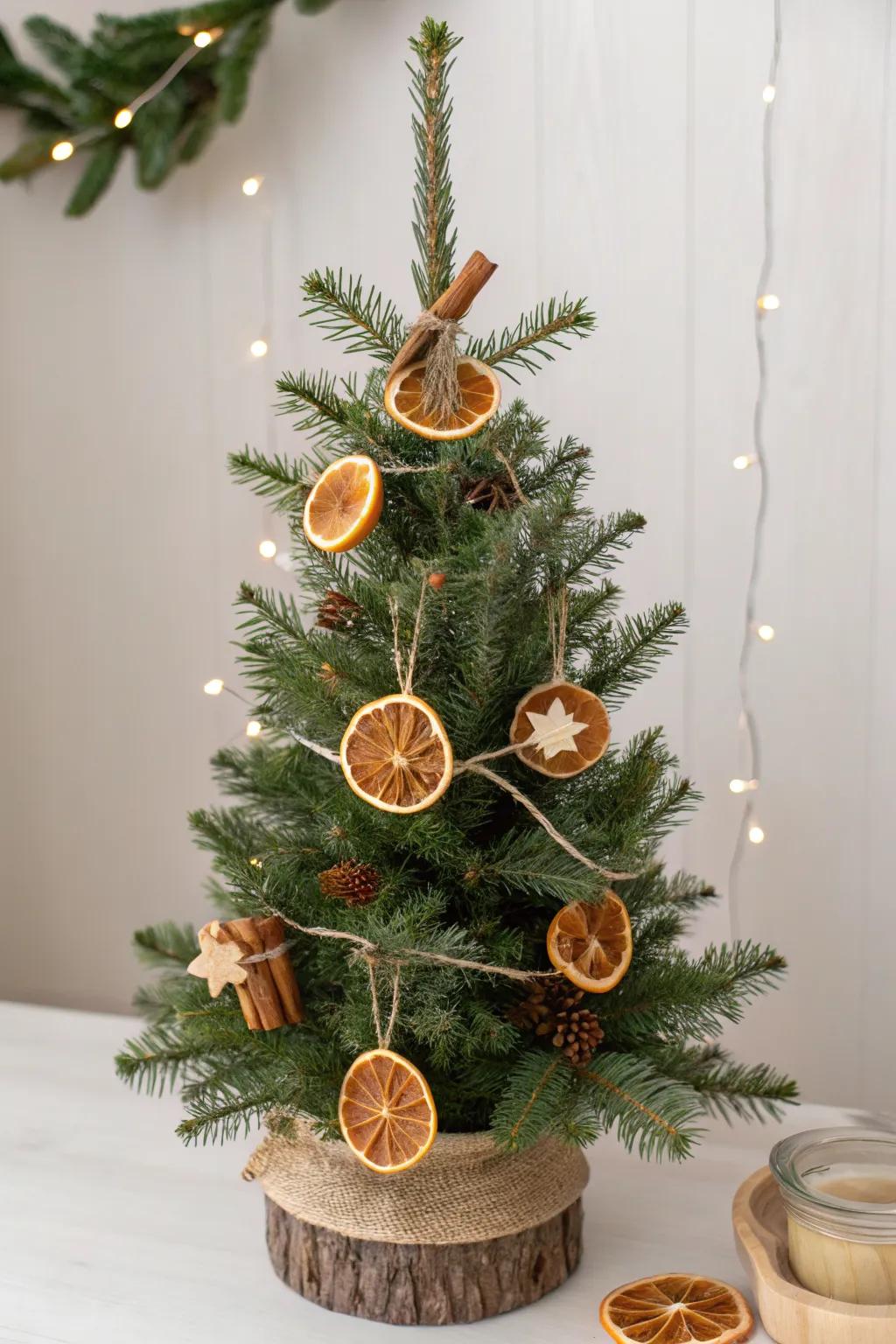 A cozy 4ft tree idea: dried citrus, cinnamon, and pine for effortless natural holiday charm.