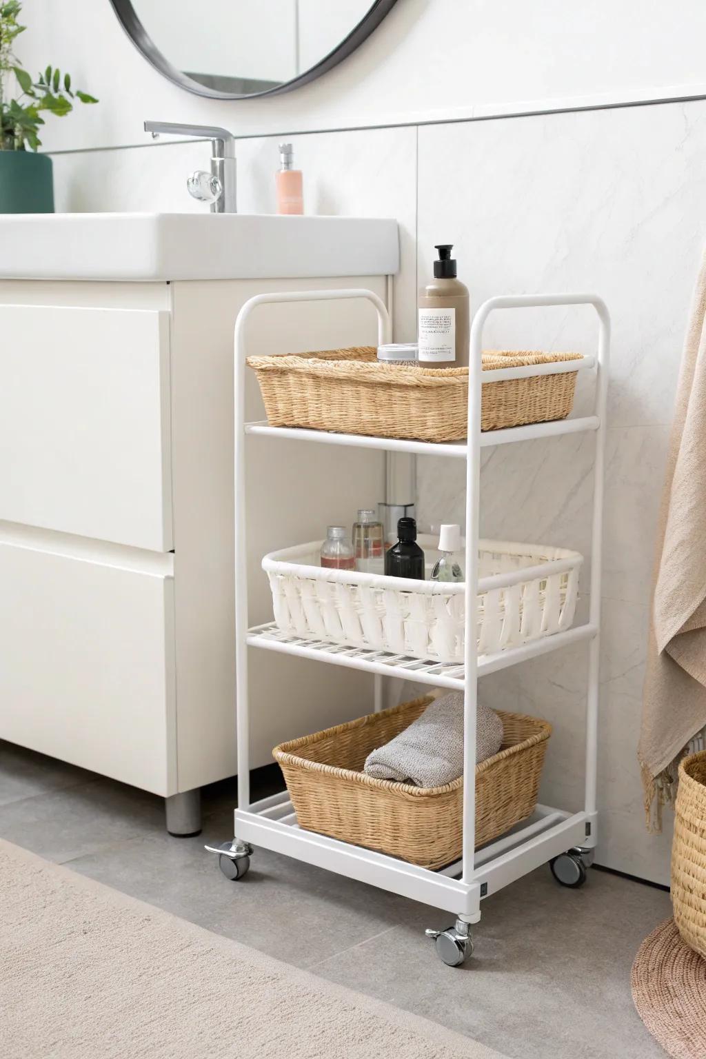 A slim rolling cart turns that 5-inch vanity gap into effortless, movable bathroom storage.