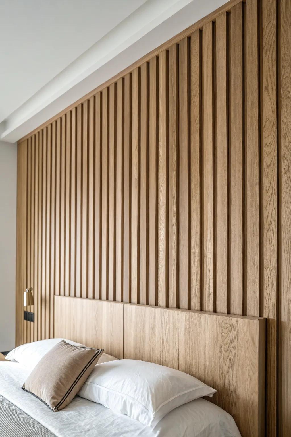 Simple wood wall paneling adds high-end texture above the bed—no heavy art needed.