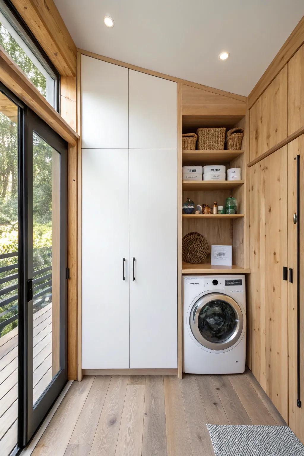 A seamless utility cabinet wall that hides laundry + cleaning essentials—beautiful and discreet.