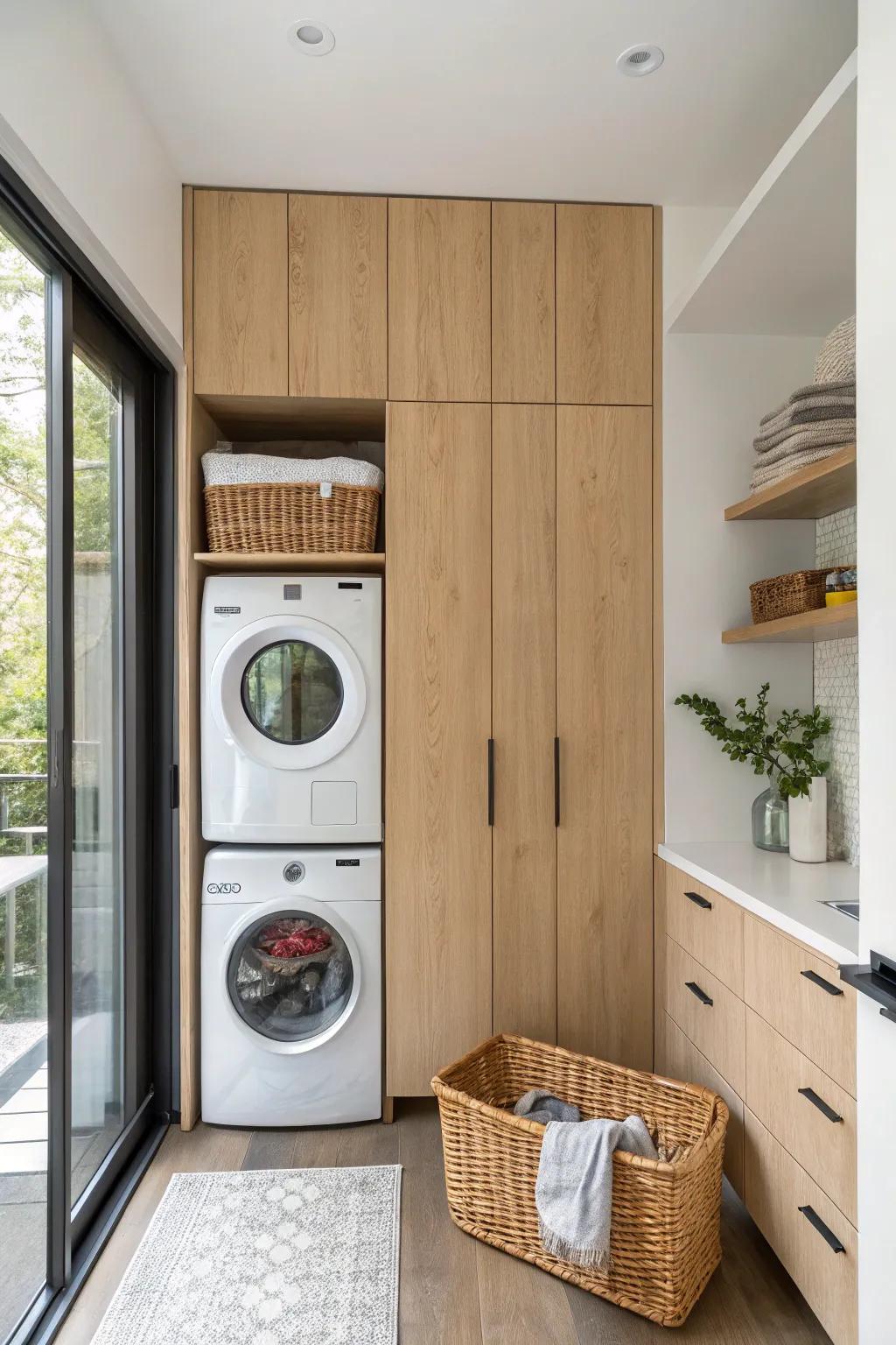 Seamless cabinet wall hides stacked laundry—tiny ADU kitchen stays calm, clean, and cohesive.