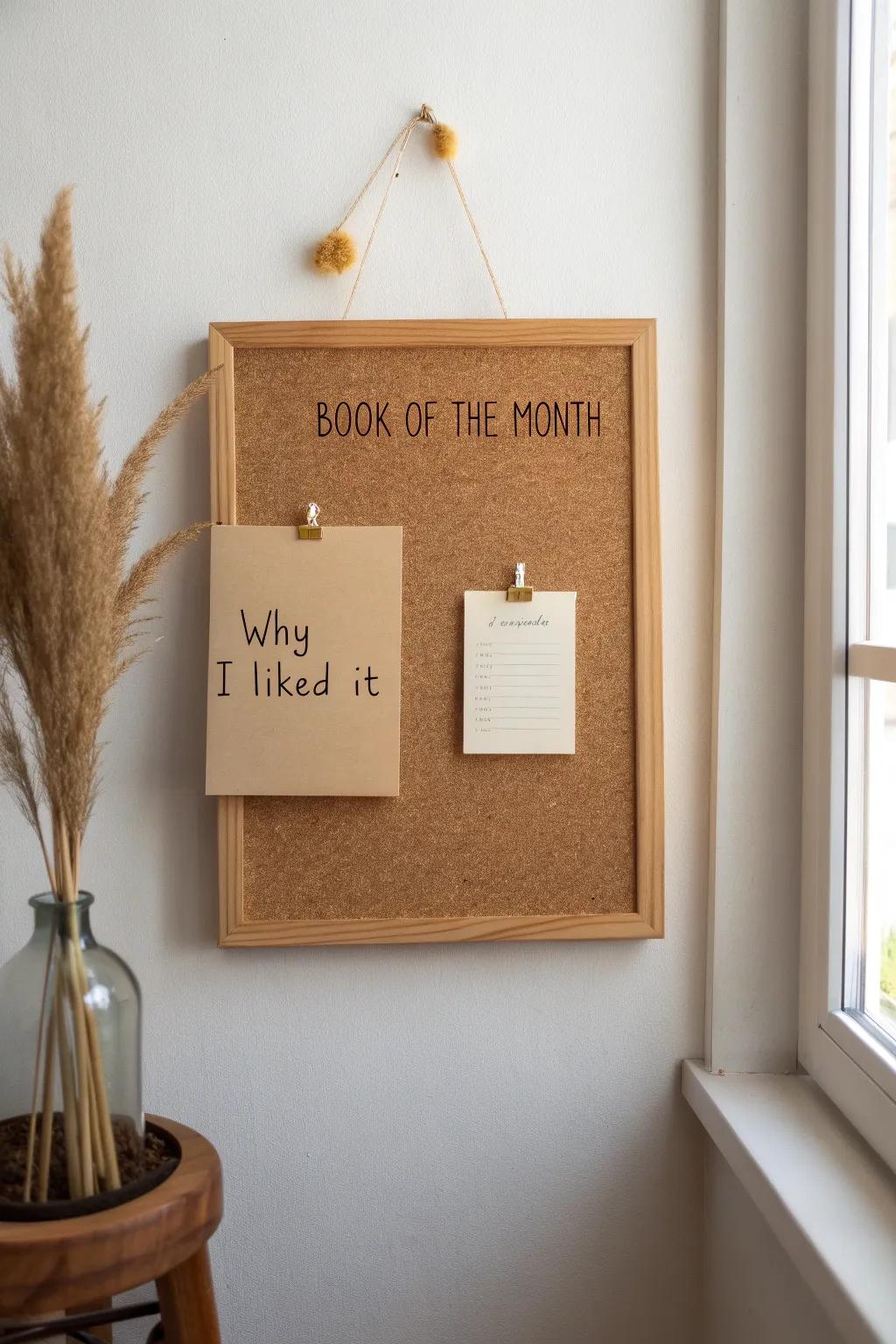 Book of the Month board: one standout pick + a few “why I loved it” notes for cozy vibes.