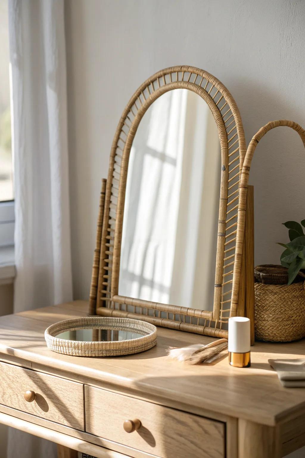 Turn your dorm desk into a calm mini vanity—mirror + tray keeps mornings tidy and pretty.