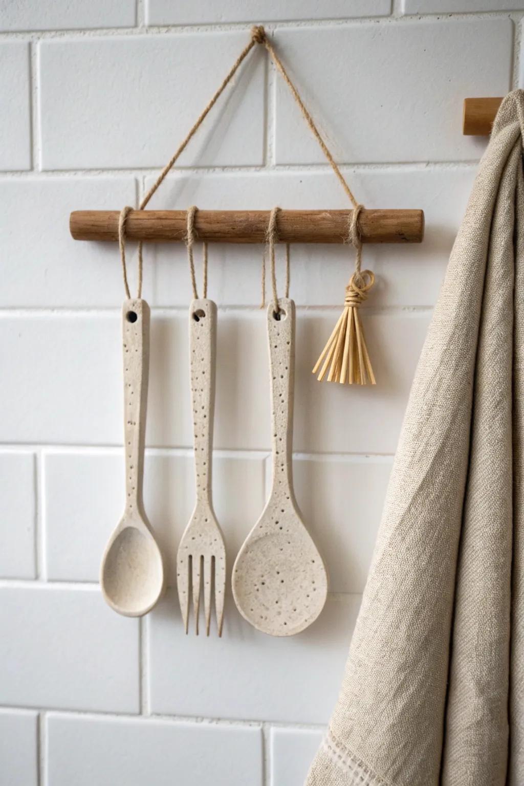 Mini clay utensil wall hanging—sweet, minimal decor for tiny kitchens with no backsplash space.