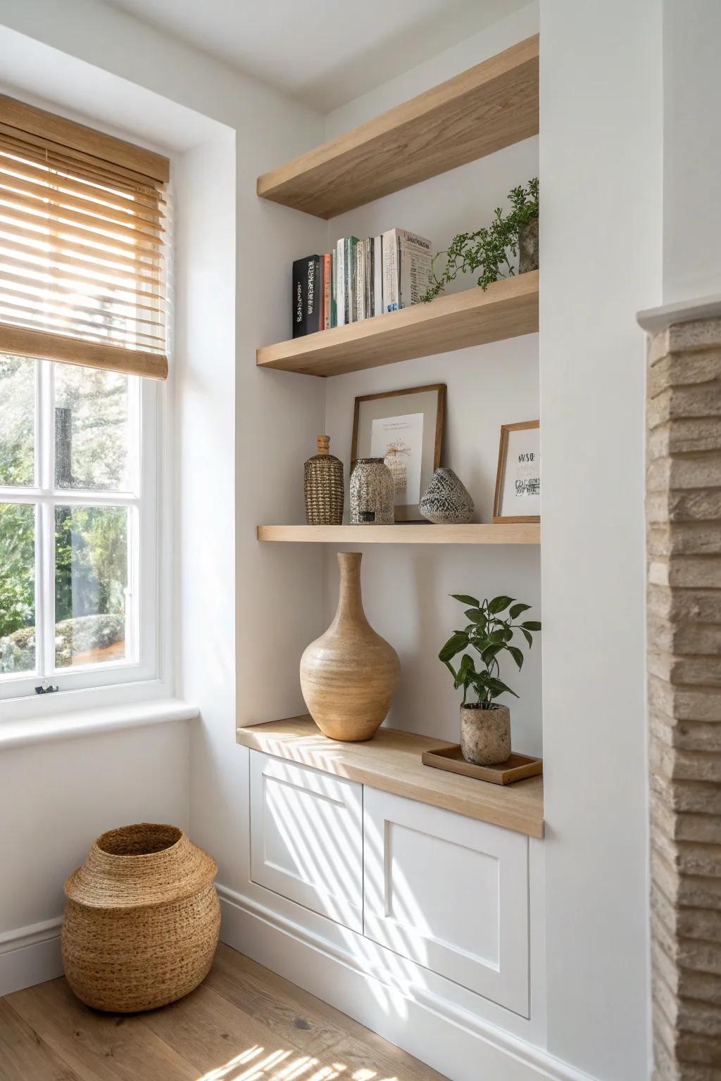 Vertical slats add sculptural shadow play, making an alcove shelf look instantly custom.