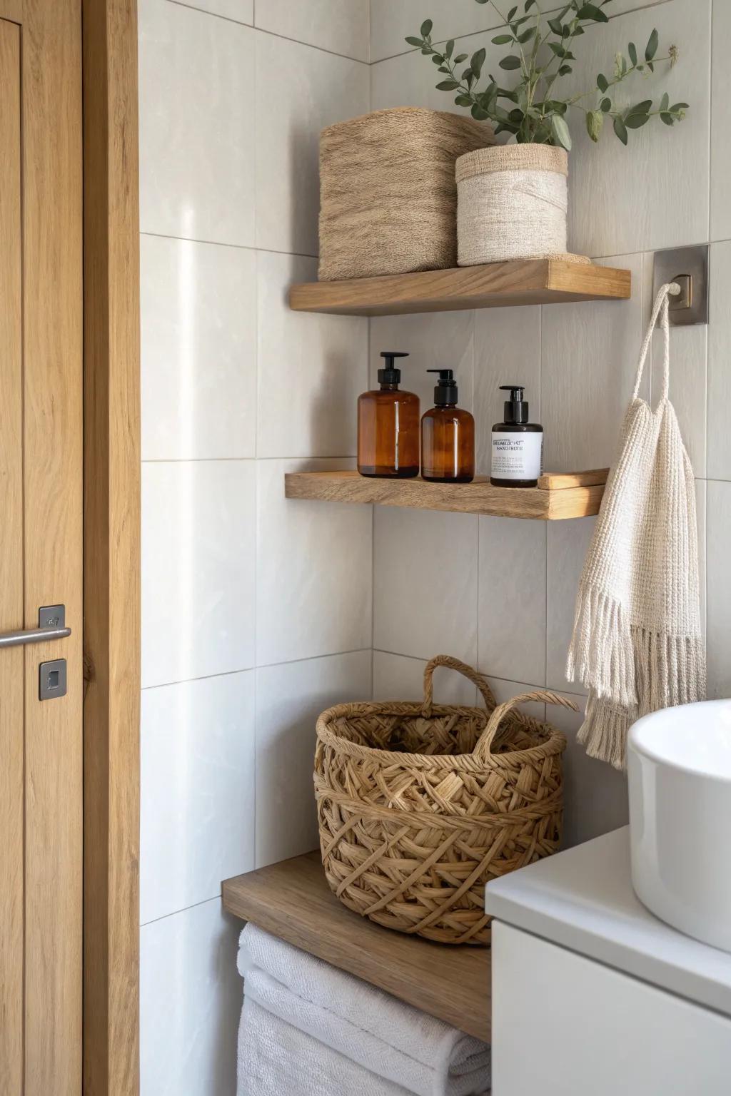 Slim shelf above the door keeps backstock tucked away—vertical storage for calm, airy bathrooms.