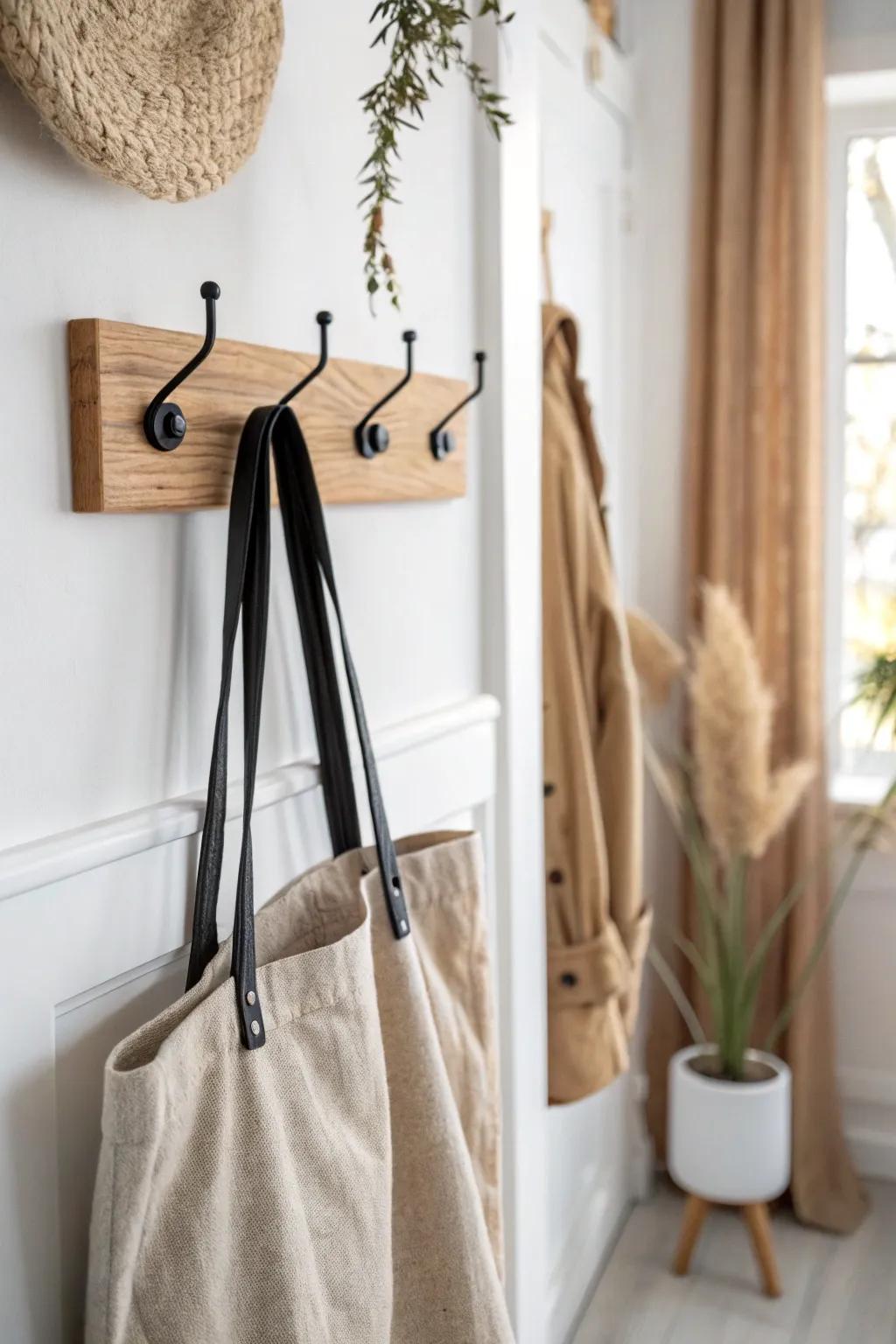 Turn a narrow wall into a chic landing zone with a vertical peg rail—bye, chair piles.