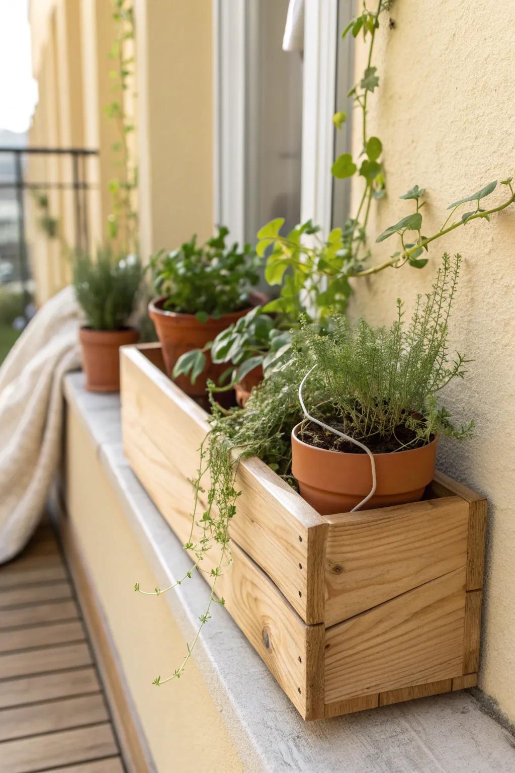 Tuck a low planter box in a sheltered corner for a wind-proof, cozy balcony garden.