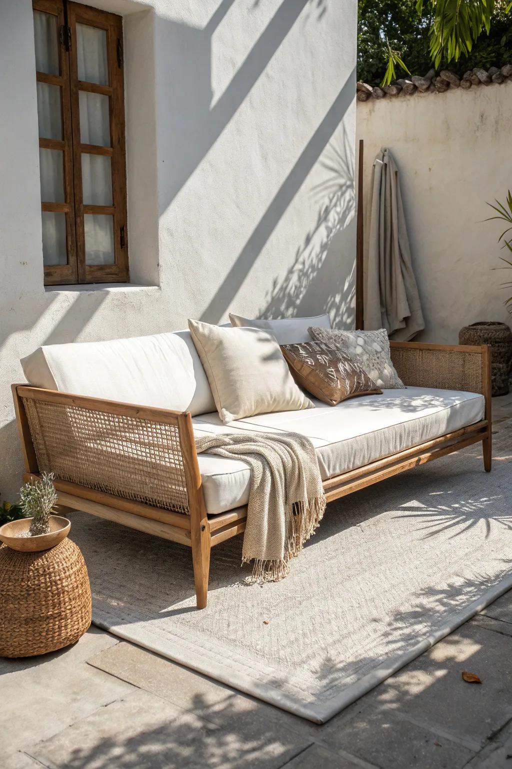 One convertible lounger turns a tiny balcony into a sleek sit-and-nap outdoor retreat.