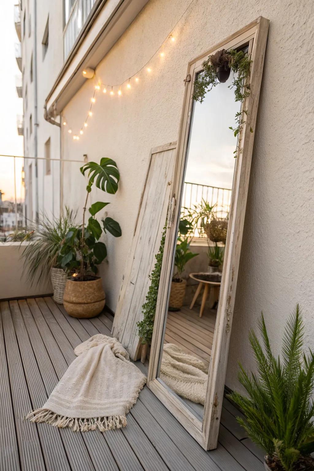 A thrifted mirror reflecting plants and warm lights instantly makes a tiny balcony feel bigger.