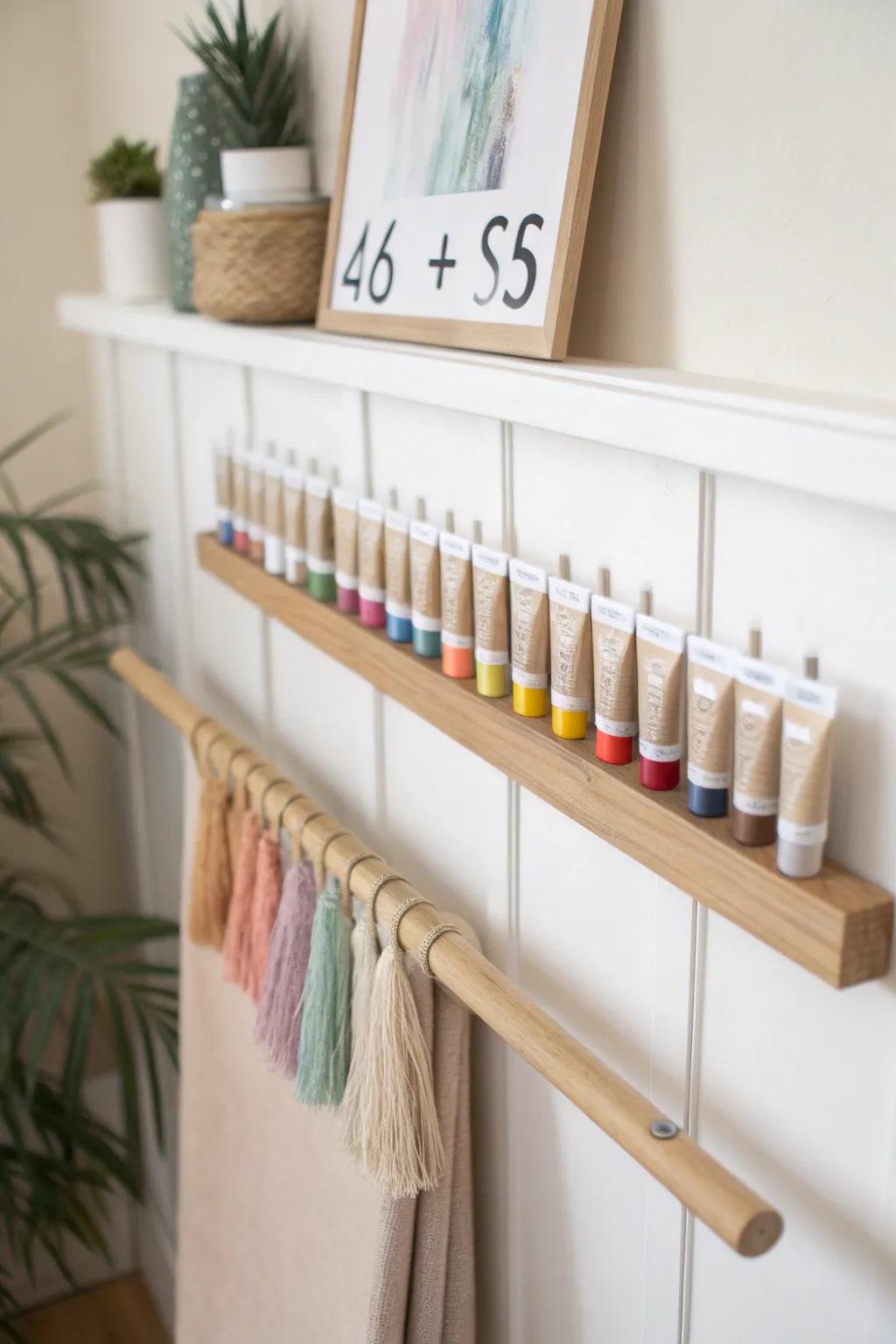 Turn paint tubes into wall art—clip rail display keeps colors visible and small-space tidy.