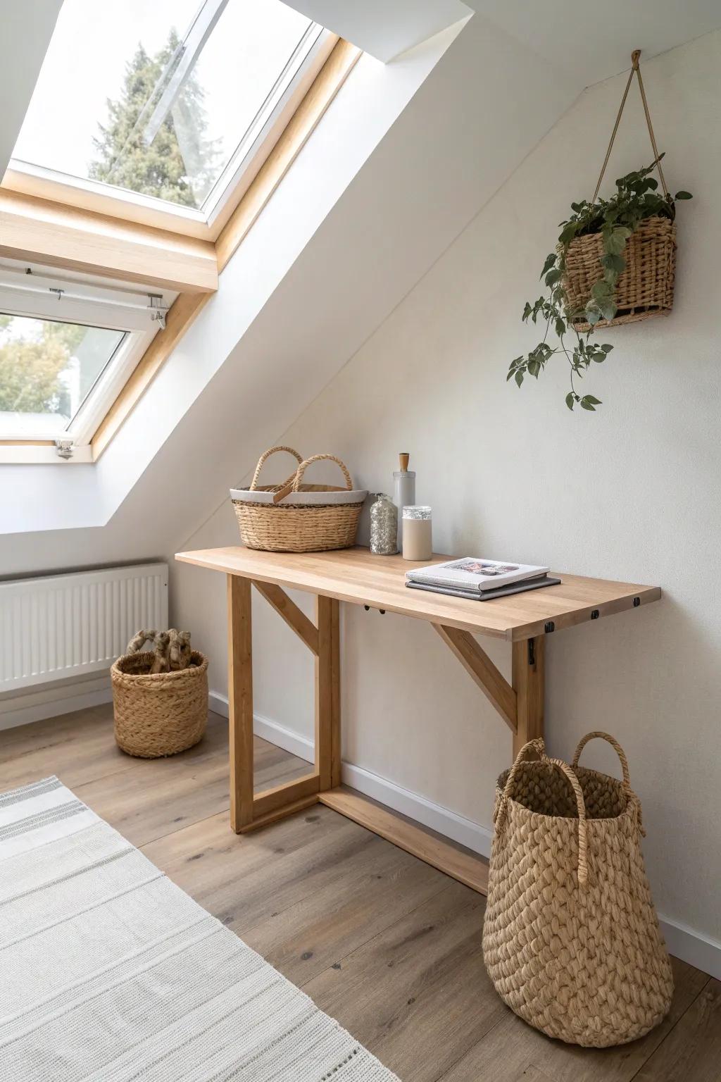 A fold-down table on the knee wall—dine, work, craft, then fold it away for instant space.