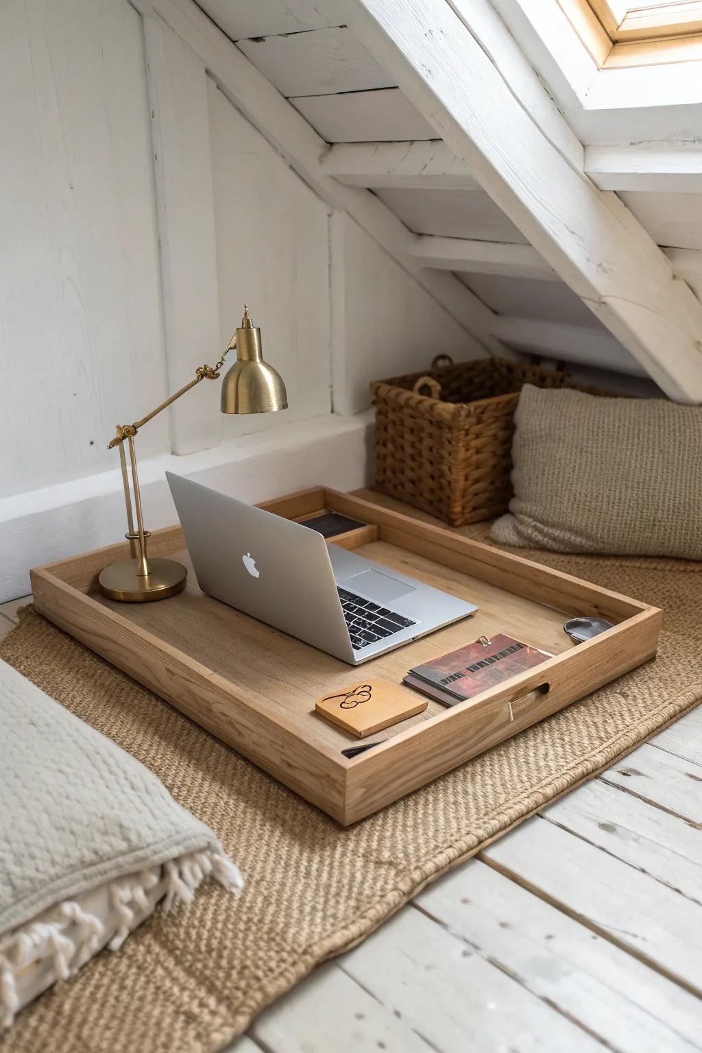 A calm crawl-space workstation: a low oak desk tray, lamp, and laptop for quiet focus.