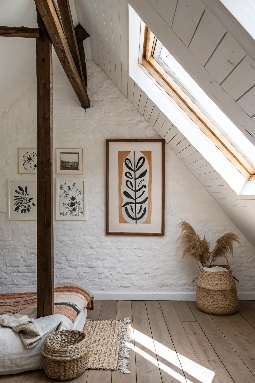 A single tall artwork at the gable peak turns your attic’s highest point into a gallery moment.